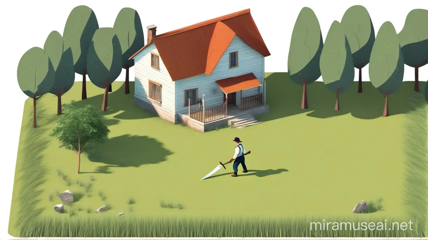 Small rural house with trees around, very low grass and view from high angle. A white farmer right outside cutting grass with a machete. animation 2D. White background