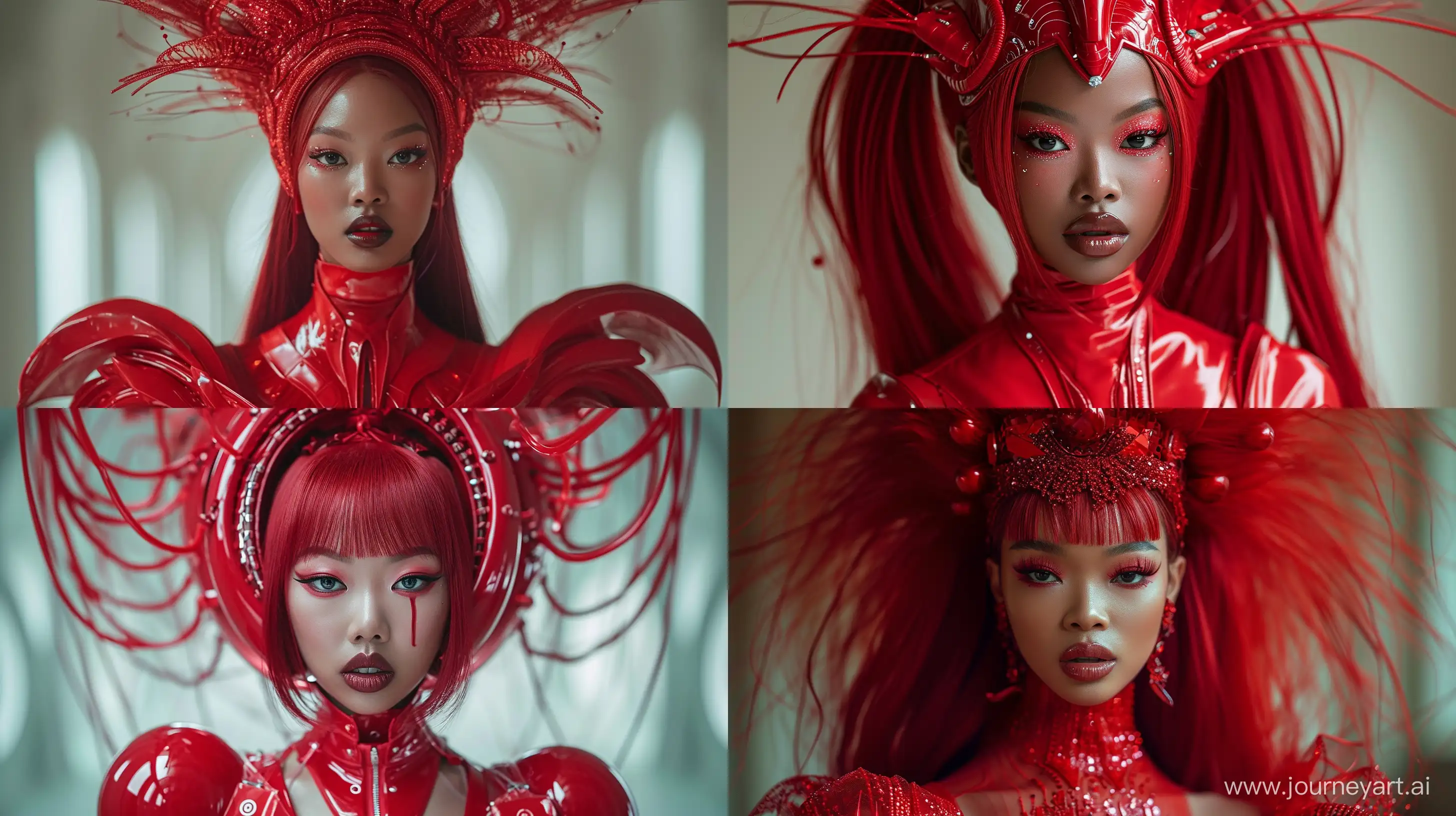 Edgy-Black-Kpop-Idol-in-Red-Futuristic-Outfit-with-Headpiece