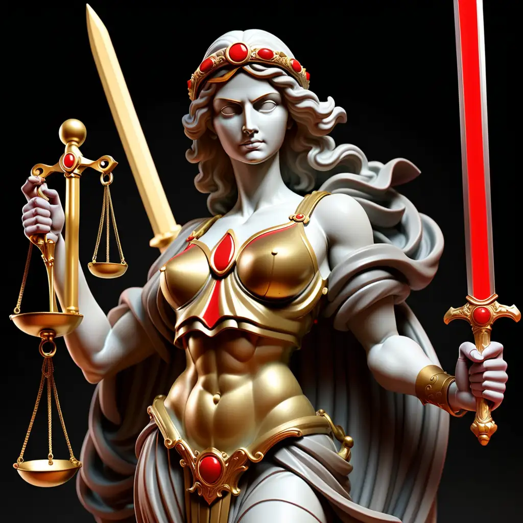 lady justice with  a red balance in her left hand and  a golden sword in her right hand.