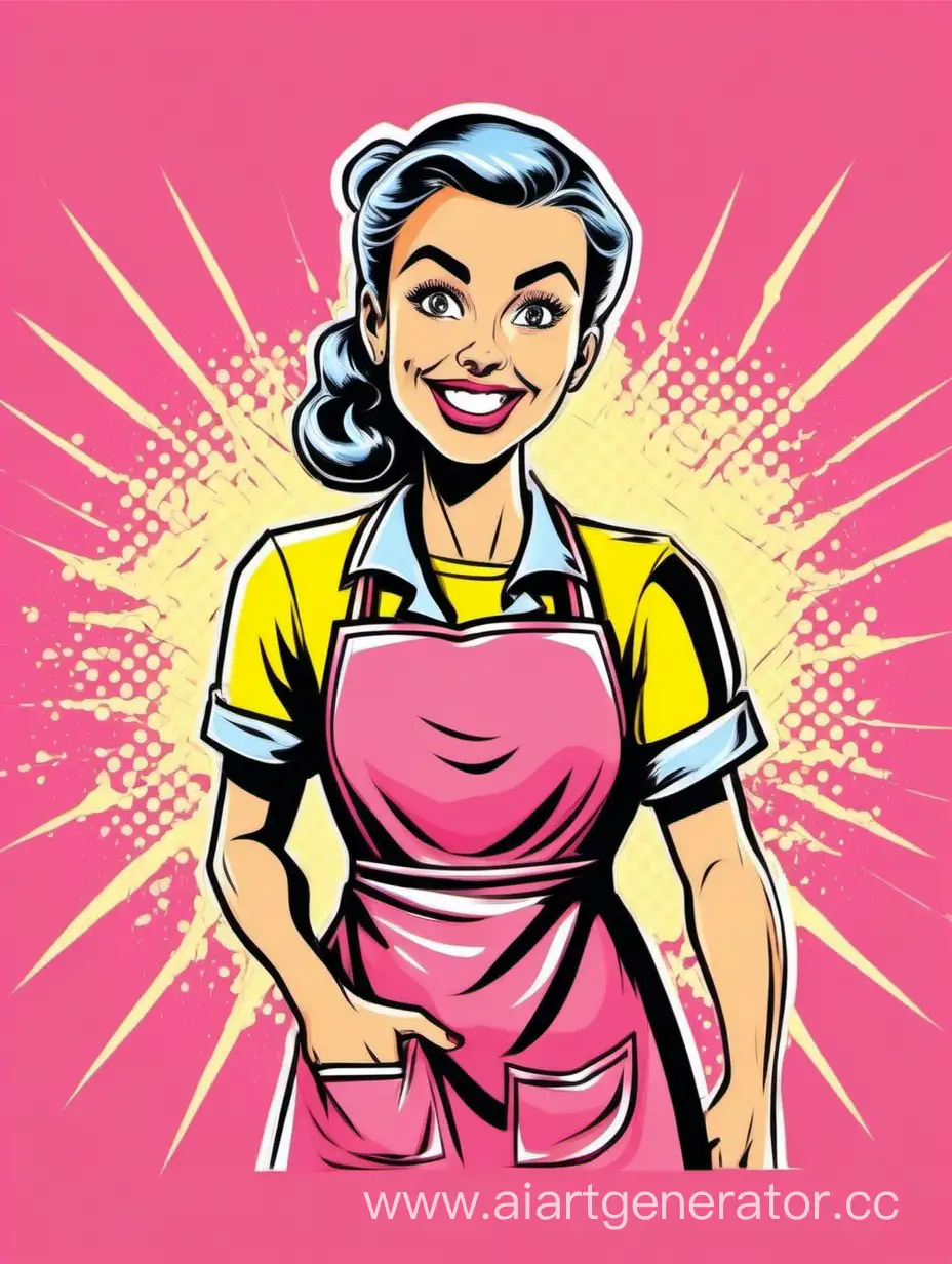 клинер девушка улыбается на желтом фоне в розовой футболке и сером фартуке уборка комикс стиль поп арт cartoon