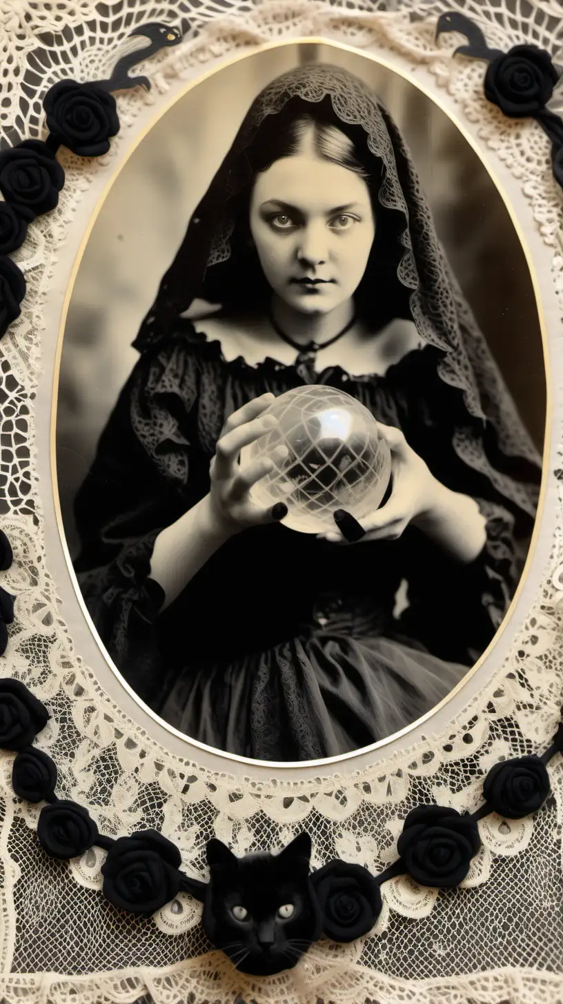 Witch Holding Crystal Ball Surrounded by Antique Lacework and Black Roses