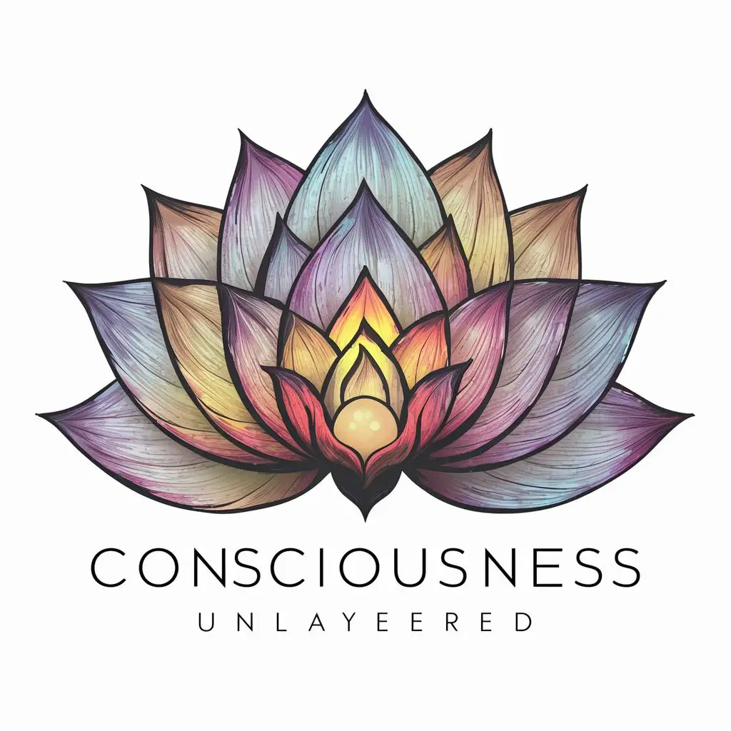 Create a logo for a YouTube channel called Consciousness Unlayered. The goal of this channel is to help viewers get a greater understanding of how the universe works, what is their purpose here on earth, how to live their lives the way they want. It helps viewers recognize the layers that are on them and get rid of them, hence the term unlayering. Unlayering in the sense of getting rid of things that are not the person themself. It also is about understanding the deeper meaning of life, the universe, and universal consciousness layer by layer. Don't use a human brain in it. Use the shape of a lotus.