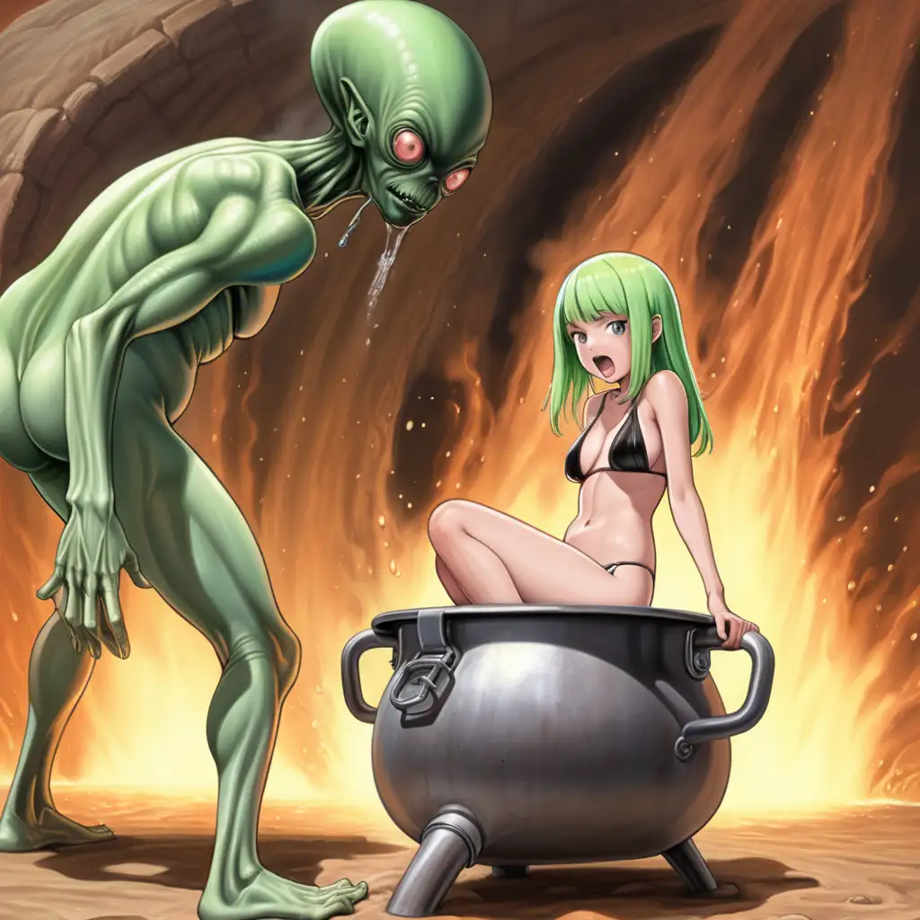 Fearful Young Woman Trapped in Alien Pot Boiling Alive