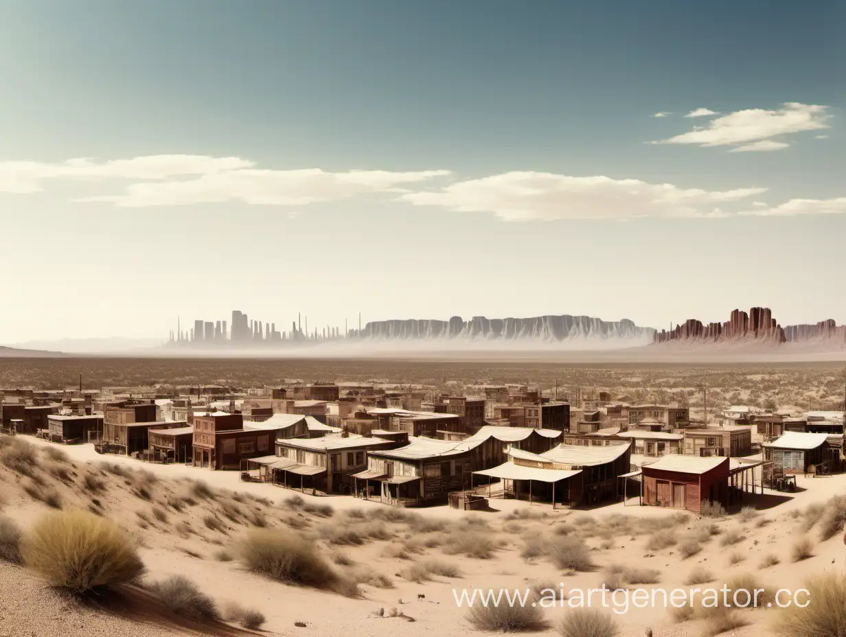 панорамное фото дикий запад, пустыня со зданиями
