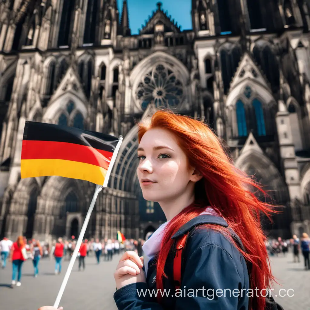 рыжая девушка, патриот, около собора в Кельне с  немецким флагом в руках
