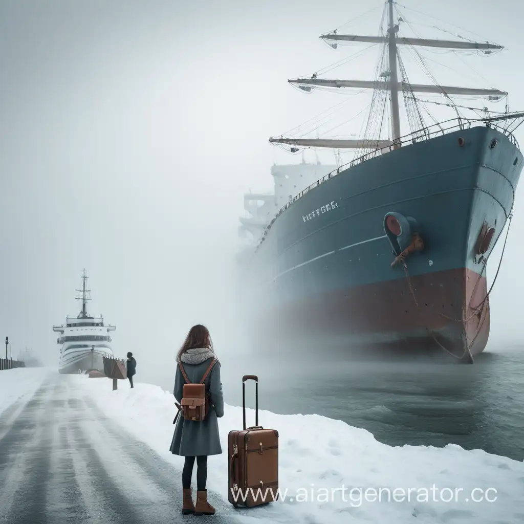 зима и туман, девушка с чемоданом стоит у обрыва и смотрит на причаливающий корабль