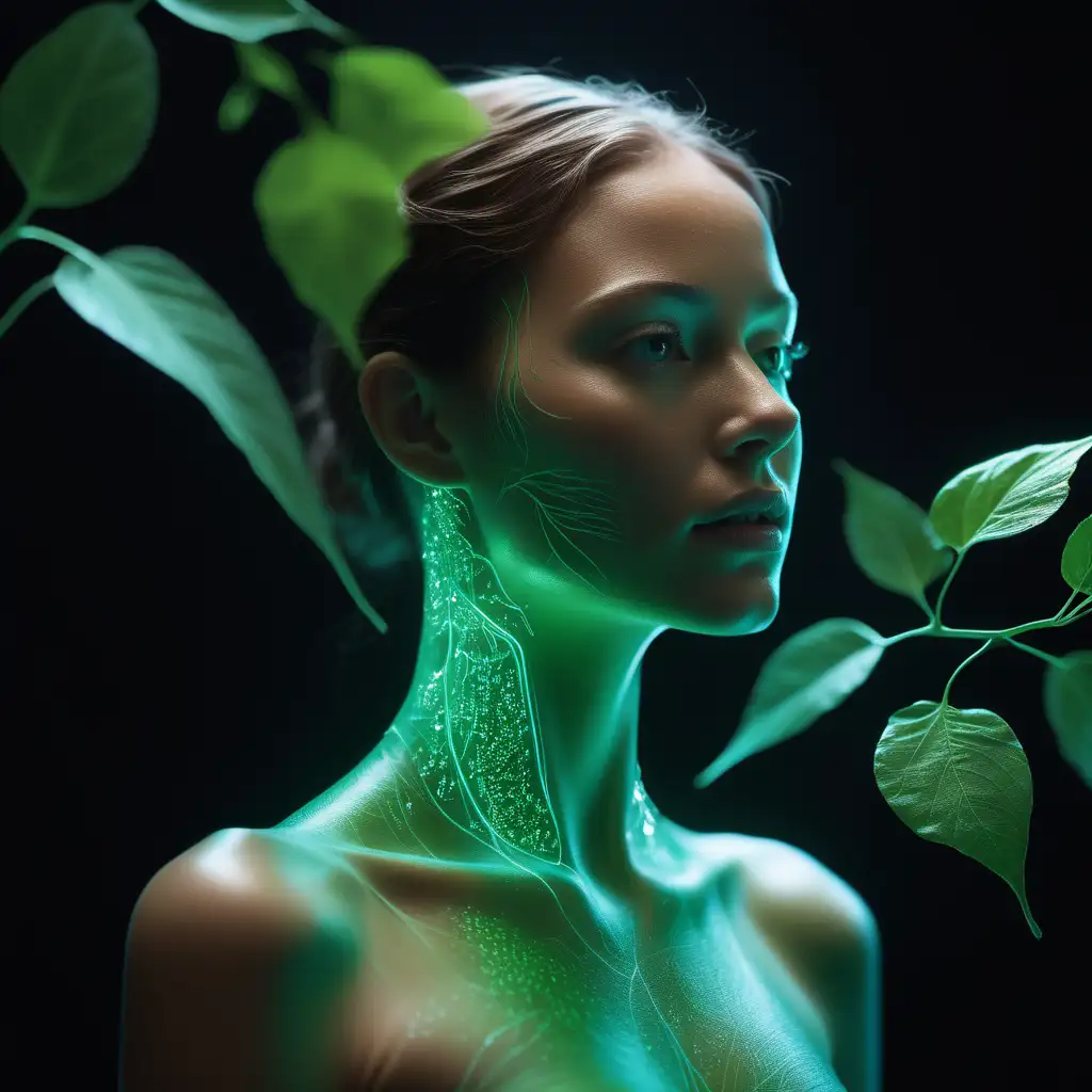 Futuristic Synthesis Woman and Nature in NeonLit Harmony