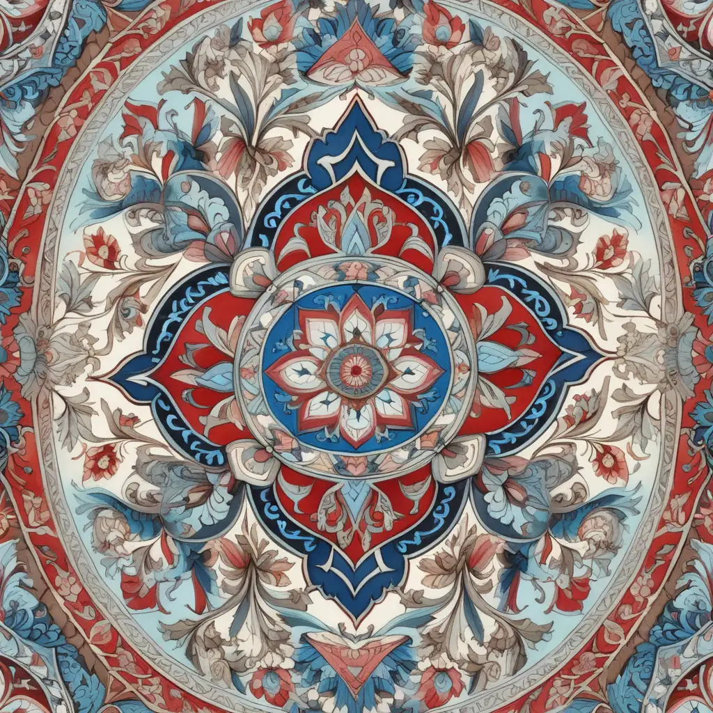 intricate repeating turkish pattern with blues, reds and pastels


