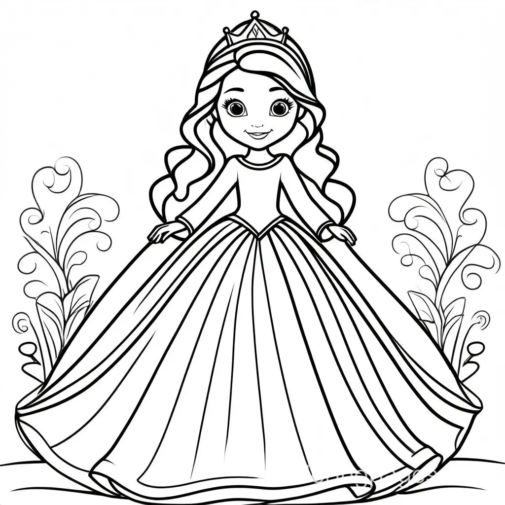 a princess wearing a long sleeve gown, Coloring Page, black and white, line art, white background, Simplicity, Ample White Space. The background of the coloring page is plain white to make it easy for young children to color within the lines. The outlines of all the subjects are easy to distinguish, making it simple for kids to color without too much difficulty