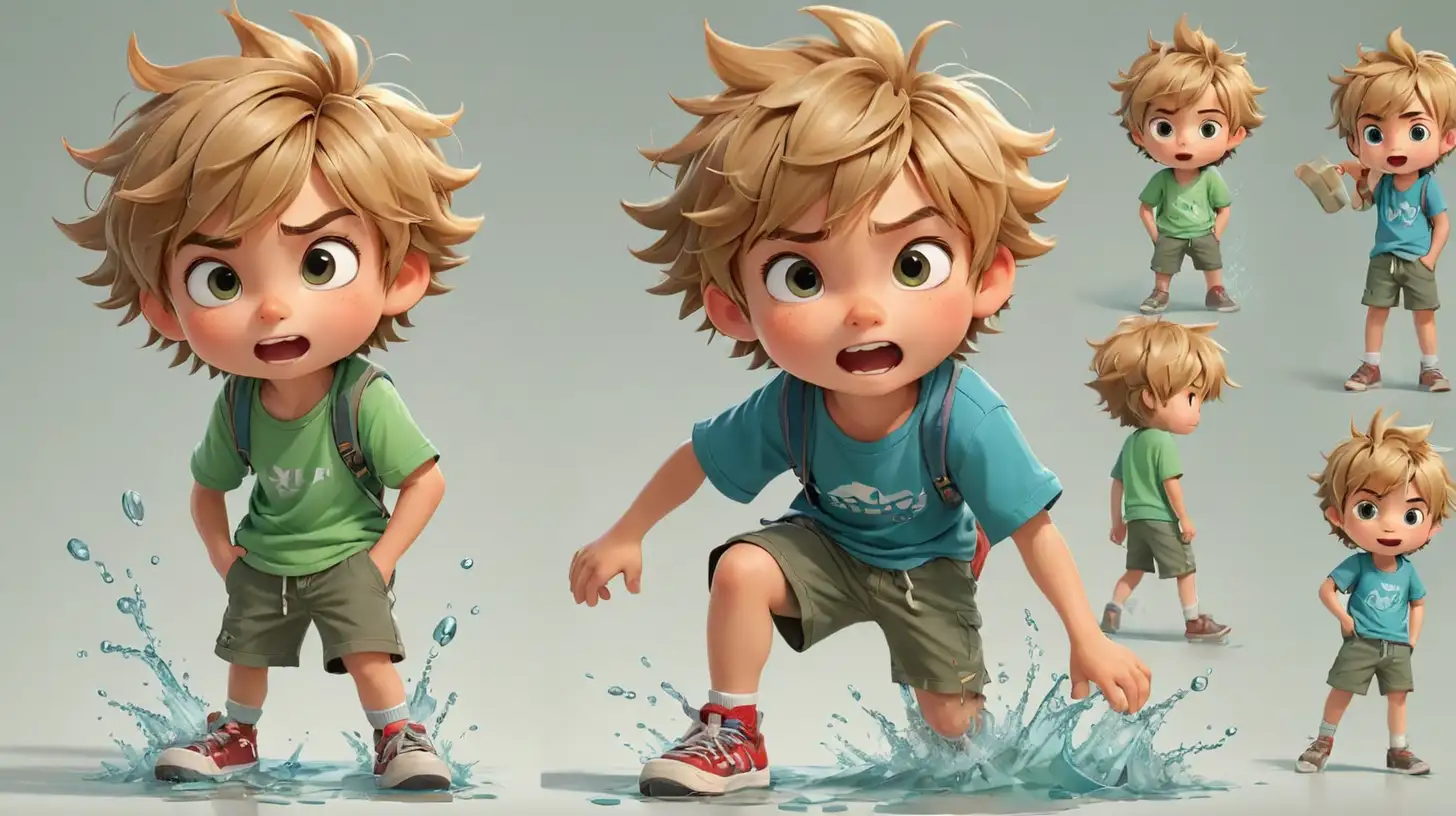 little cute boy character, white background, multiple poses and expressions, cute 5 year old boy, blue- green shorts, red t-shirtgreen rubbers with white laces, blond-brown messy hair, water color,flat color, in the style of chibi, detailed - iar 16:9