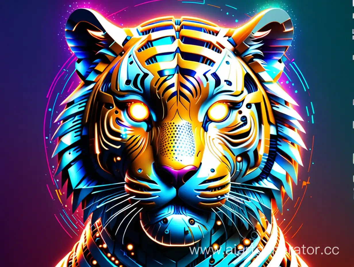 digital tiger, artificial intelligence - make a magazine cover out of it, design in digital style, lots of colors, light, and shine