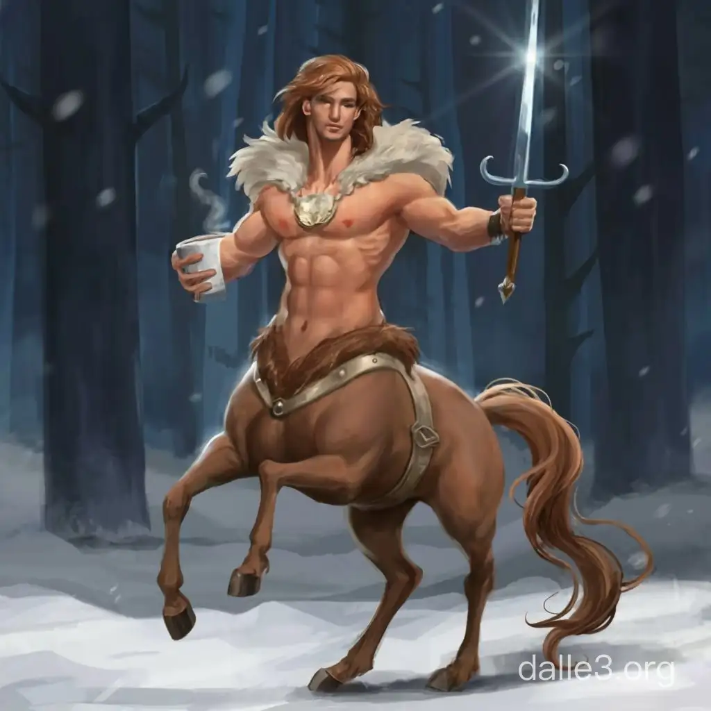 I'd like a picture of a centaur from Narnia holding a scimitar sword in one hand and cup of coffee in the other hand