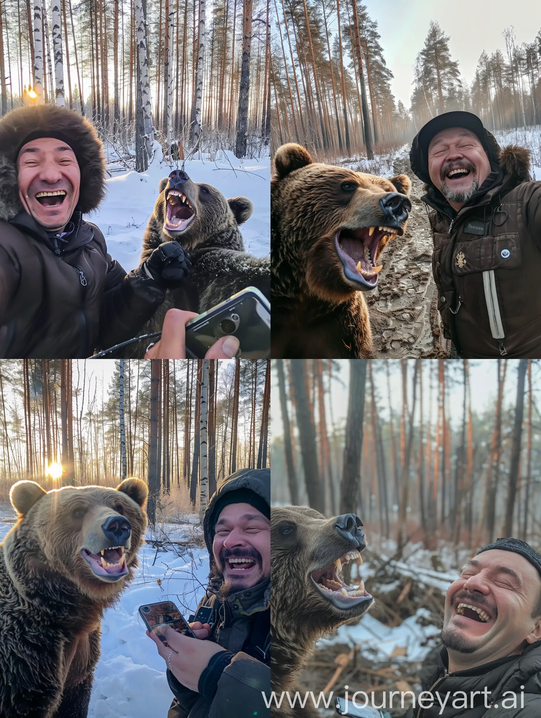 Winter-Morning-Laughter-Bear-and-Russian-Man-Selfie-in-the-Taiga-Forest