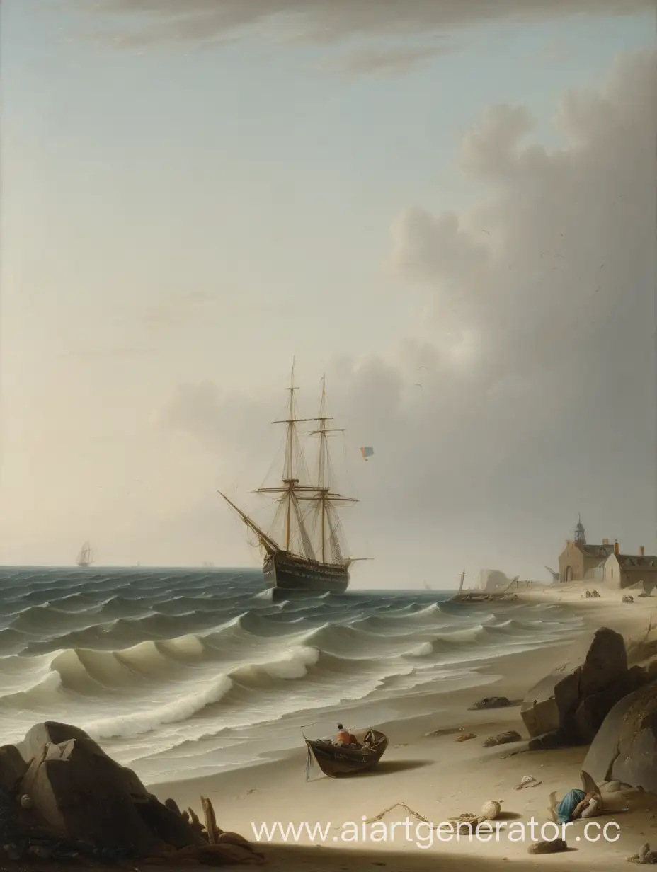 The seashore with a ship in the distance