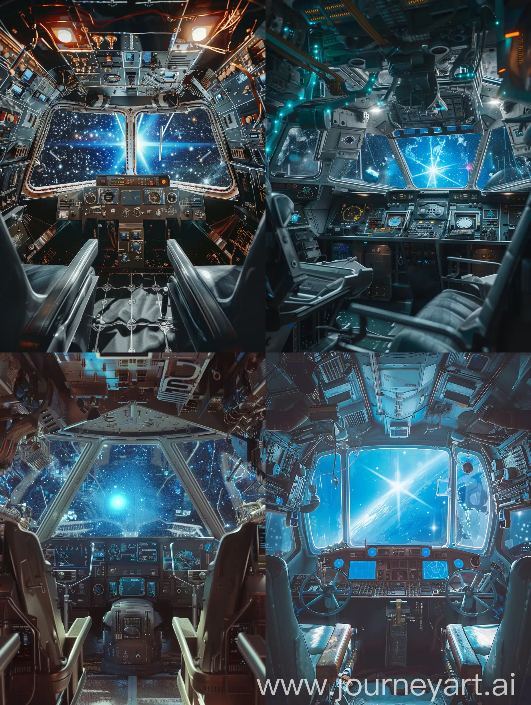 Space ship's cabin in retrofuturism style. A lot of complex devices. Everything in perfect condition. The cabin is clear but dark. There are big Windshield and two empty pilot’s seats. Giant blue star is seen through the window