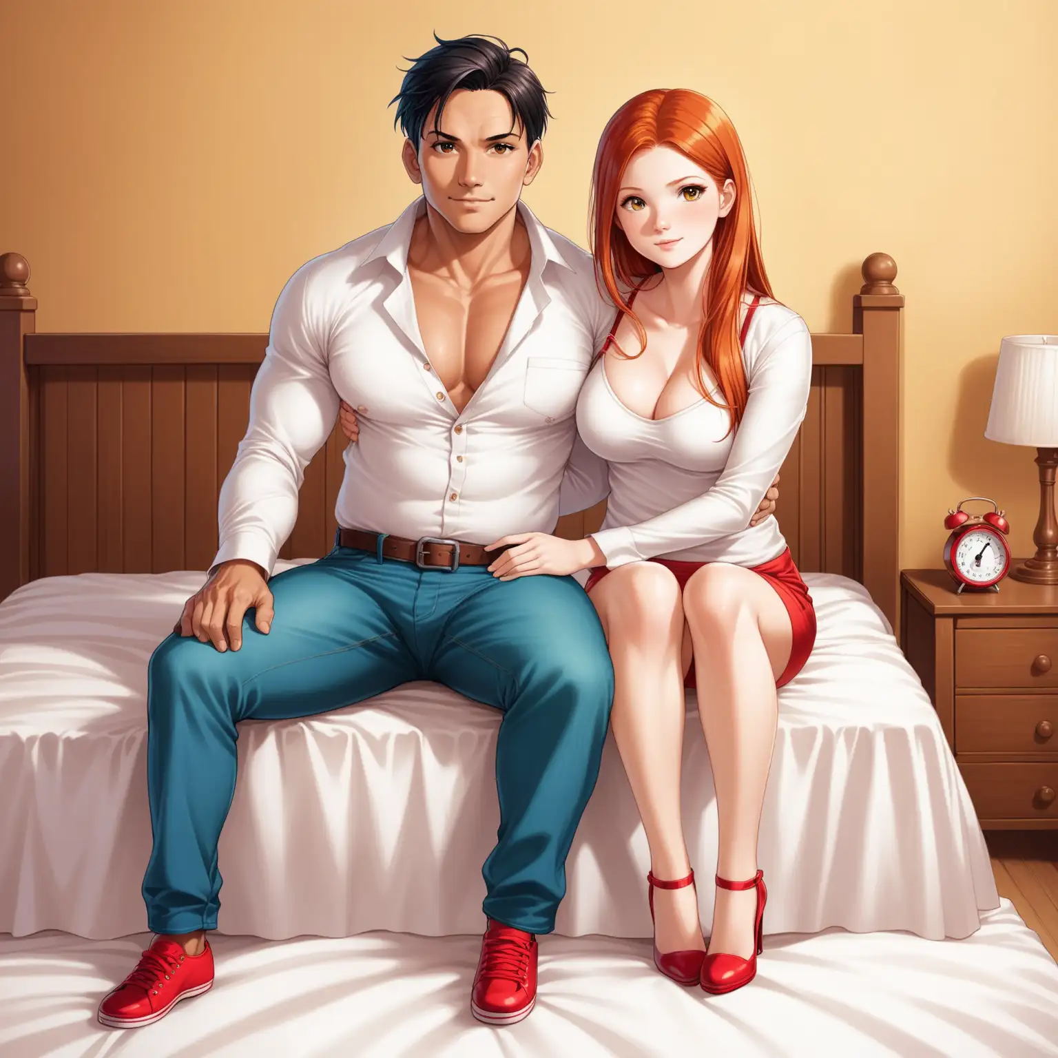 vue dynamique de face gros plan, couple in love blotti l'un dans l'autre pose de moment intime très suggestive, allongé sur un lit dans une chambre, assis l'un en face de l'autre à une table, elle, Ginny Weasley, 25 years old, measuring 168 cm and weighing 50 kg mince yeux marrons, seins bonnet D, chemise ivoire en satin stretch soyeux manches longues très très échancrée et micro jupe crayon rouge vif en lin et escarpins rouges, et lui, un homme andin 44 years old, measuring 163 cm and weighing 63 kg, mince, yeux noirs, cheveux noir court, Chemise blanche et jeans et baskets