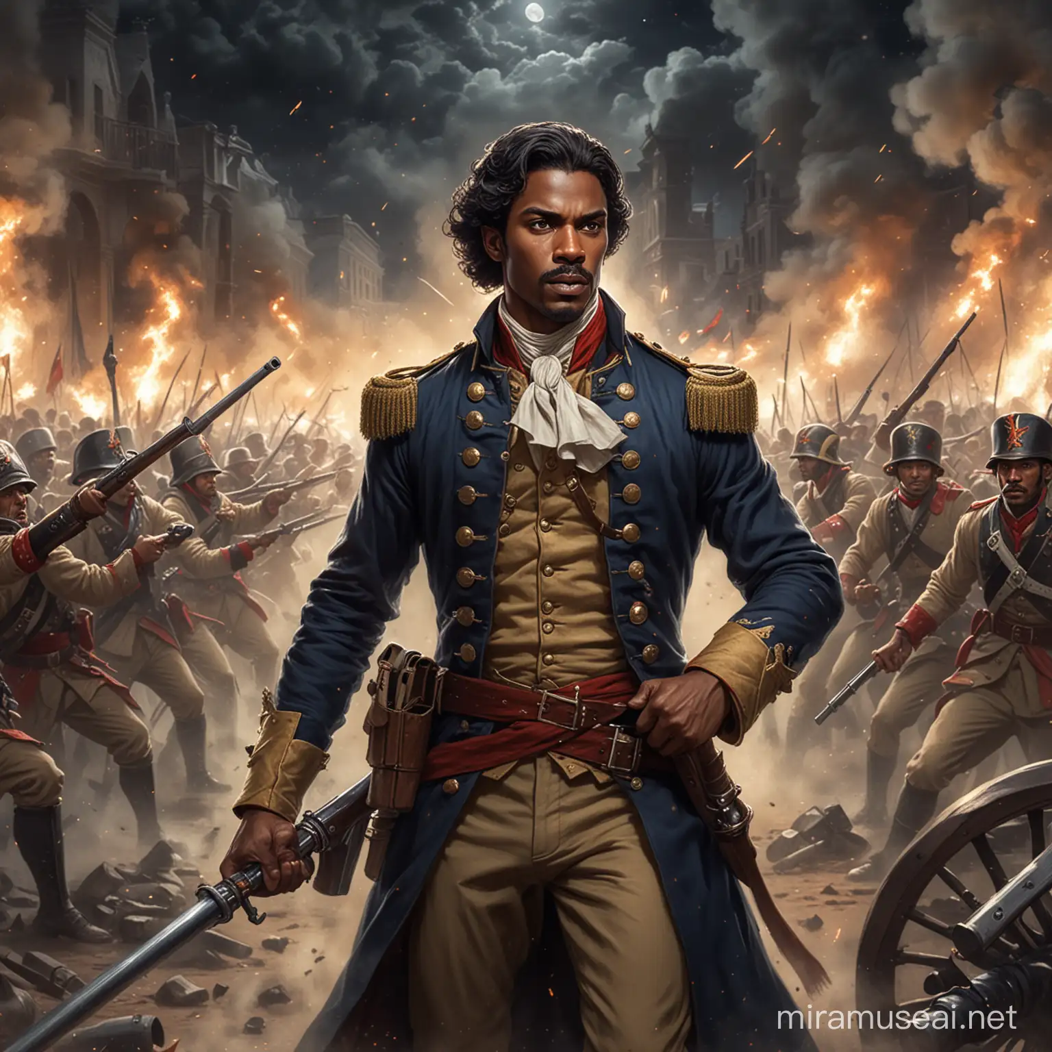 A heroic prince leading a fierce resistance against colonial oppression, surrounded by the thunderous roar of cannons in the night.