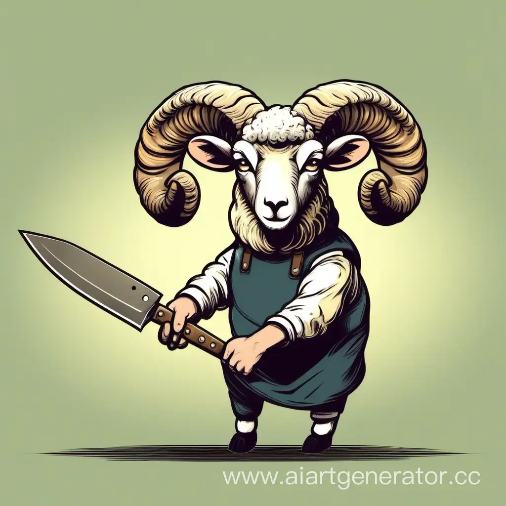 баран (овечка) держит в руках нож и угражает человека