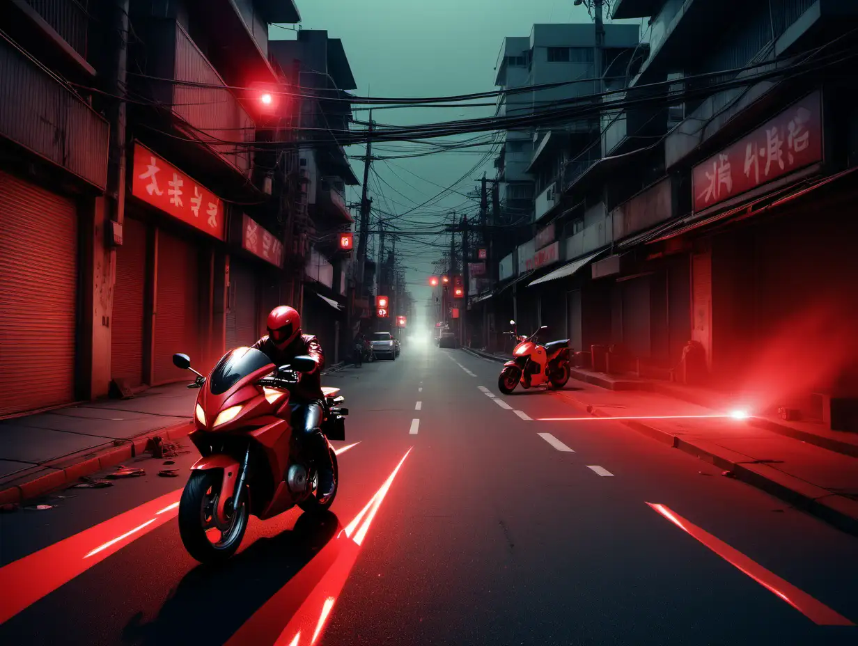 a photo of an Akira inspired street scene with a motorbike, red lasers, red light, at night, red sun