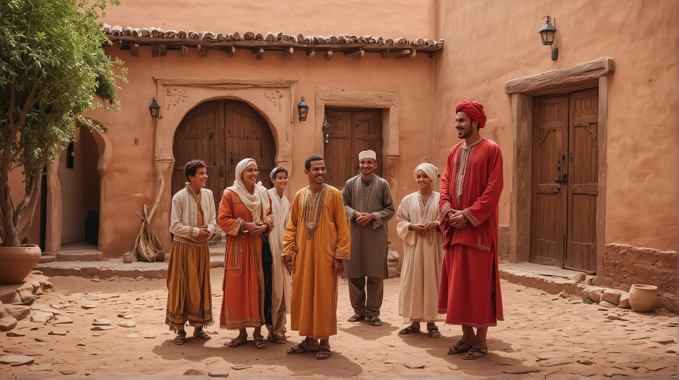 Moroccan traditional musician meeting his family in front of a traditional house in a Moroccan traditional village after a long journey. All are happy, all wearing traditional dresses., very realistic, dawn., wearing traditional clothes.