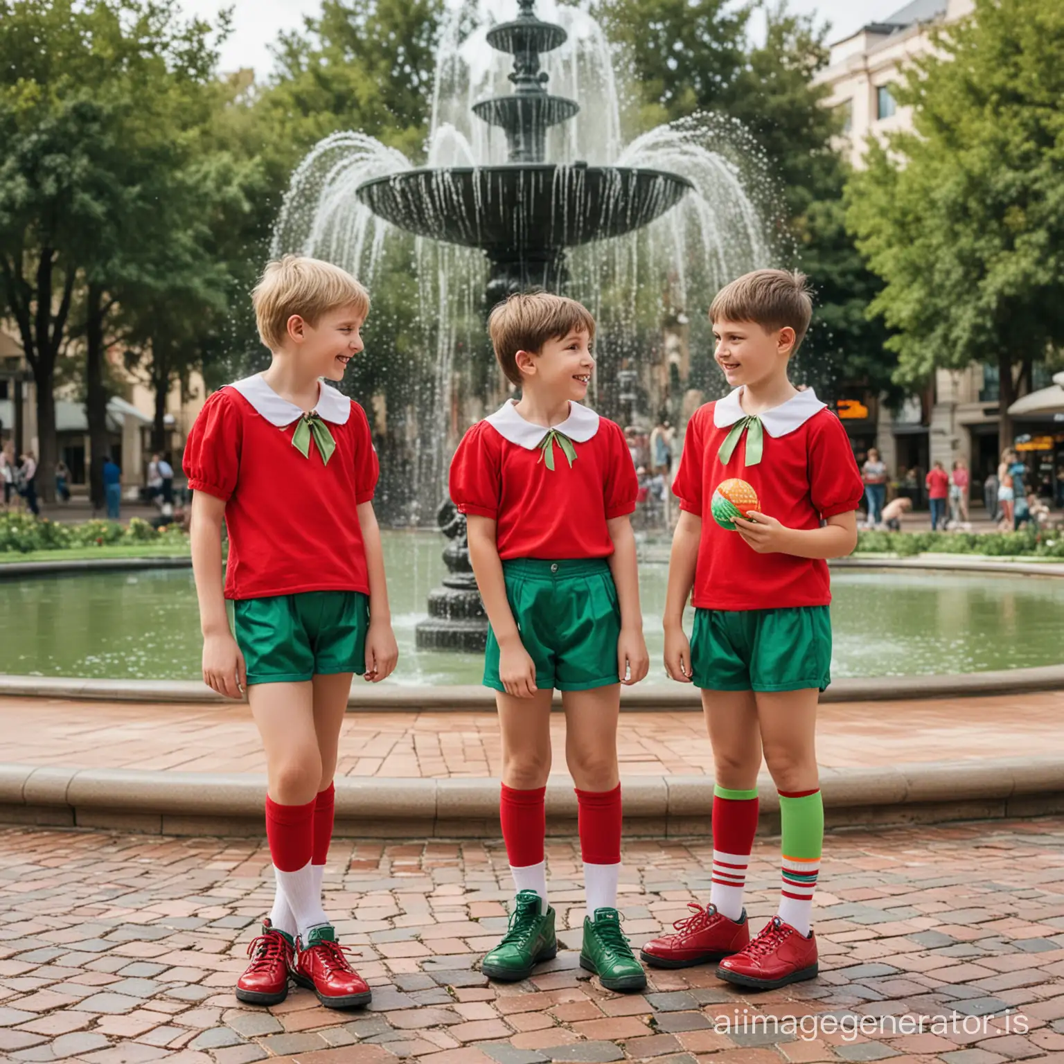 photograph of two 14-year-old boys, red blouse with Peter Pan sailor collar, green very short shorts, red knee-high socks, green sneakers. They are standing in a shopping center near a beautiful fountain, holding a large multicolored ball in their hands. Sweets in shiny wrappers are scattered on the floor nearby. Photo.