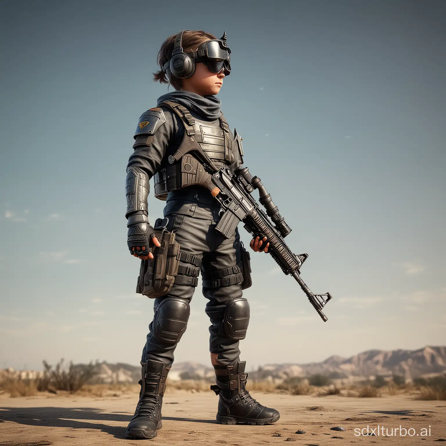 Little child pubg with masculine face, wearing full armor with assault rifle, game character, stands at full height