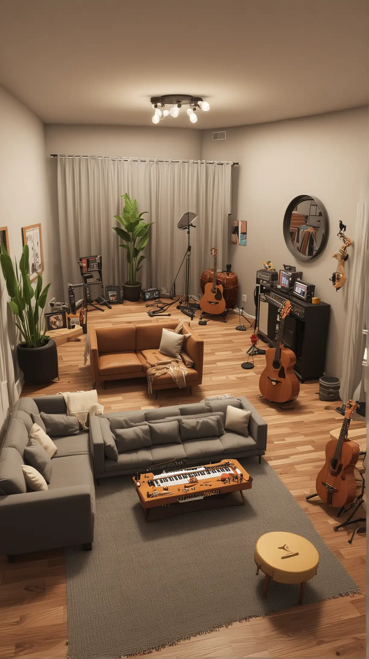 A musician’s corner in a Bloxburg living room with space for instruments, soundproofing, and comfortable seating for performances.