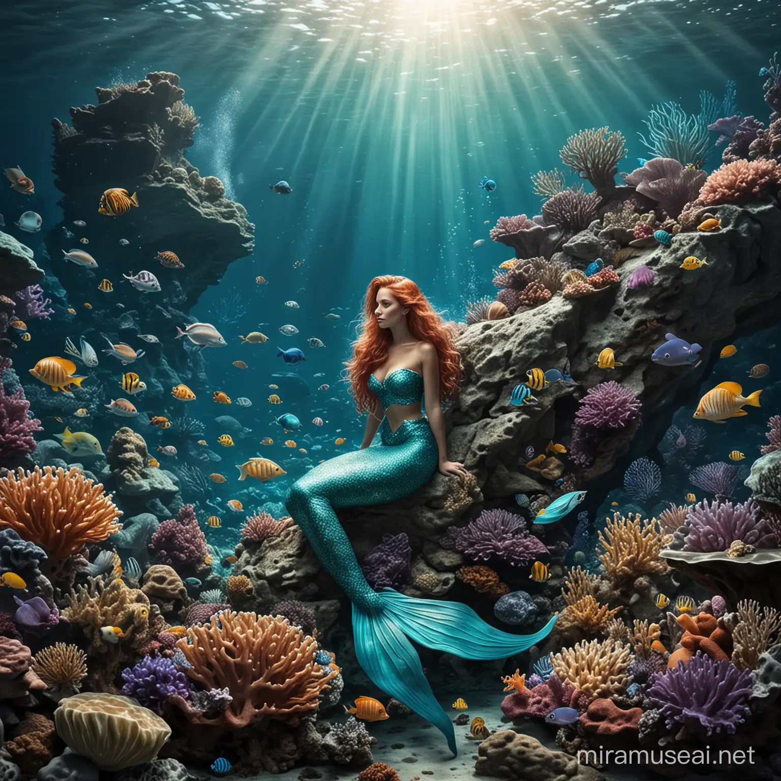 mermaid on a rock under the sea with sealife