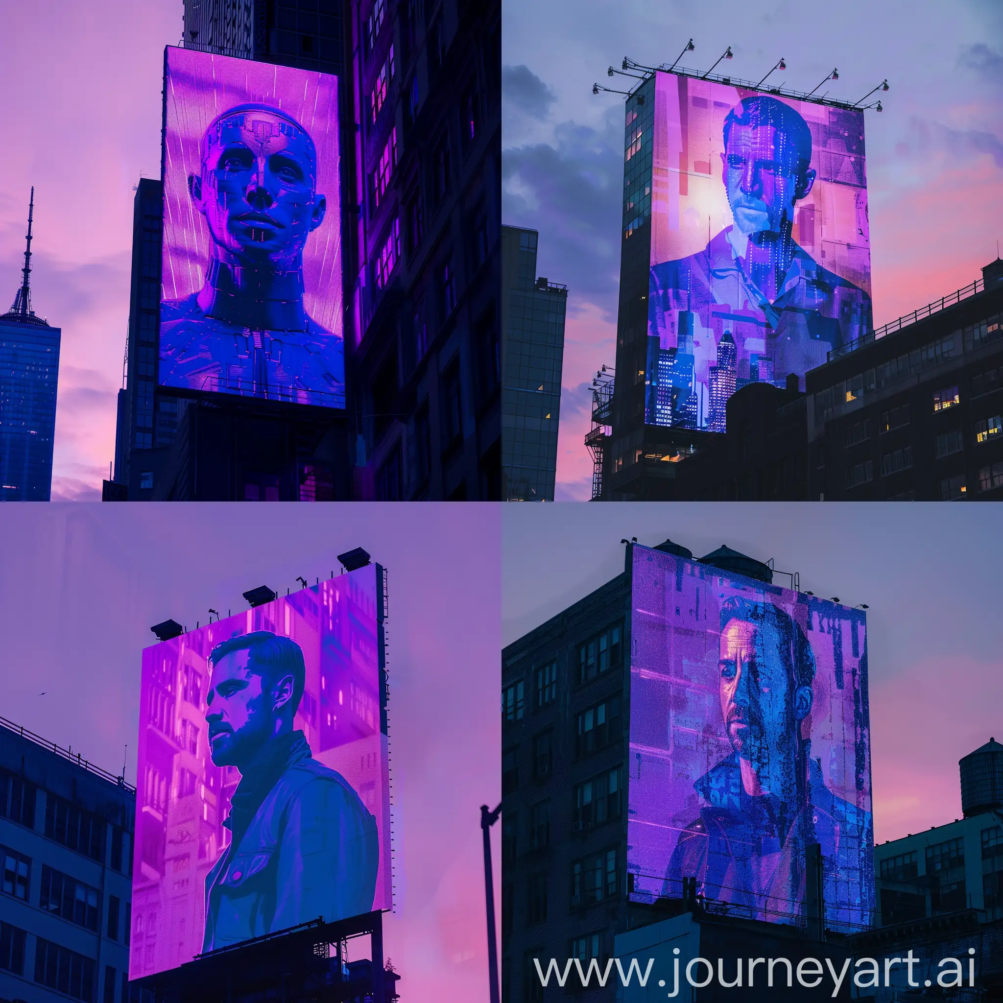a purple blue holographic digital ryan gosling on the billboard building, sunset time, style raw, futuristic, close up, city, year 2049, new york city, natural lighting, dystopain,

