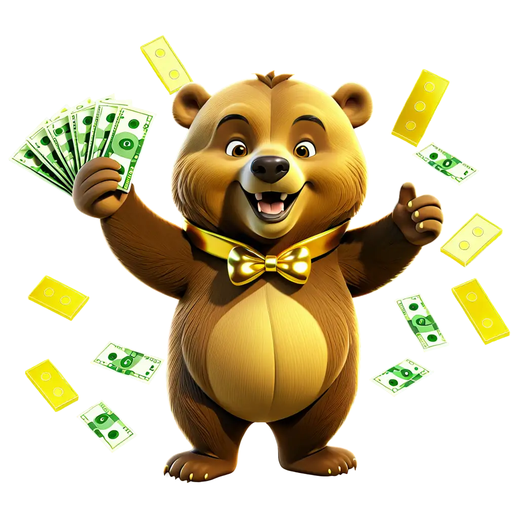 a happy cartoon bear with a lot of gold, diamonds and cash
