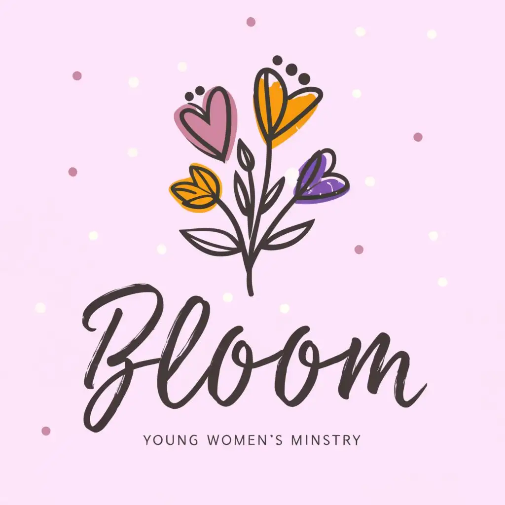 logo, main symbol is flowers blooming. Used for 'Young Women's Ministry'. baby purple colour is used. Font is adorable but very elegant., with the text "BLOOM", typography. This with more colour. This with more small cute patterns surrounding the logo.