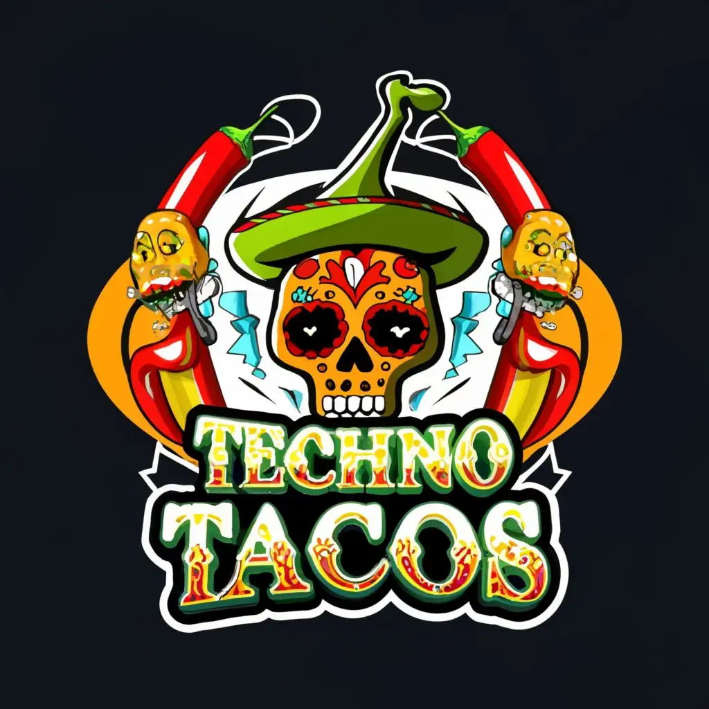logo, Day of the Dead
techno music
chili pepper, with the text "Techno tacos", typography, be used in Entertainment industry