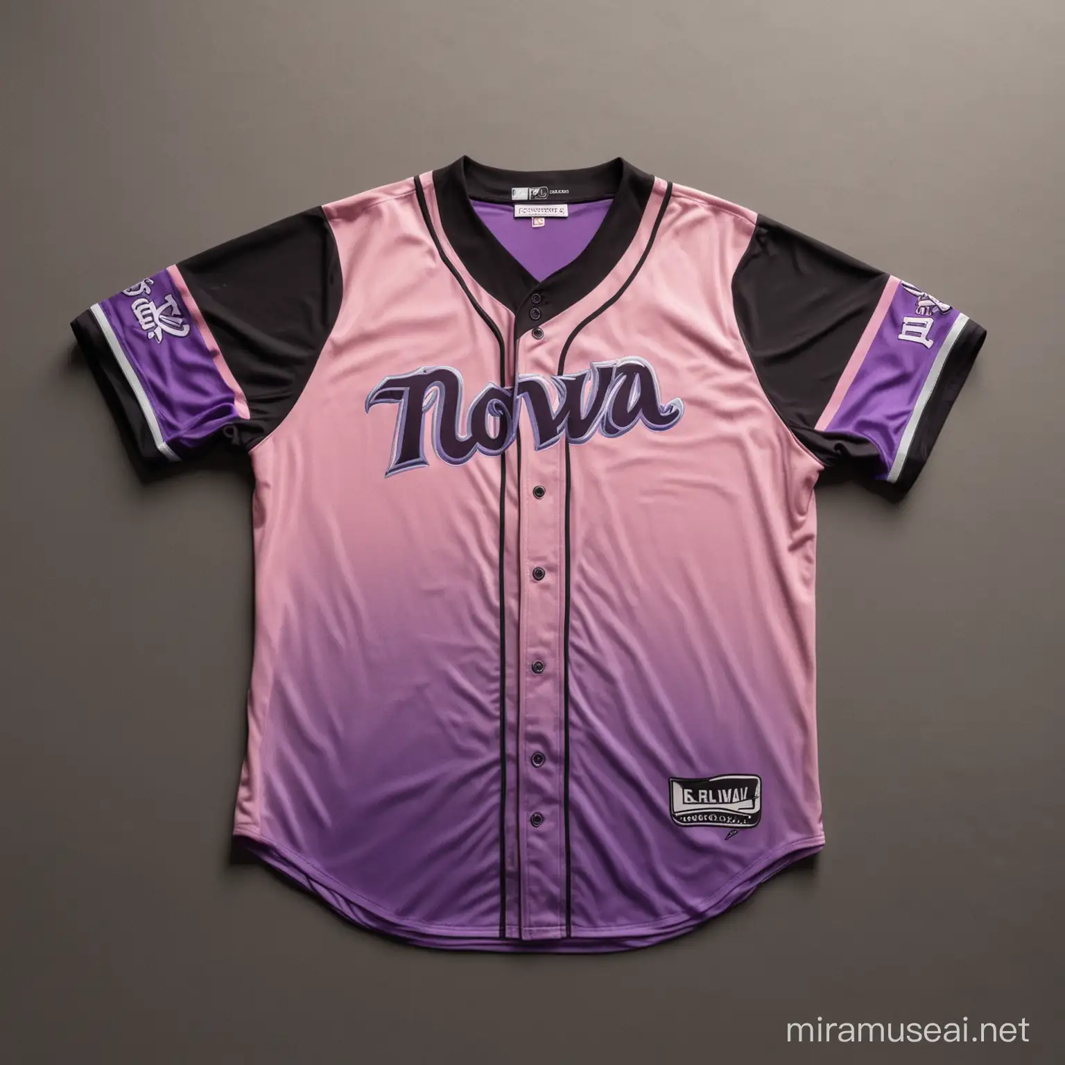 A baseball jersey with the name nova, with a black base and light pink and purple accent colors with a logo and and name