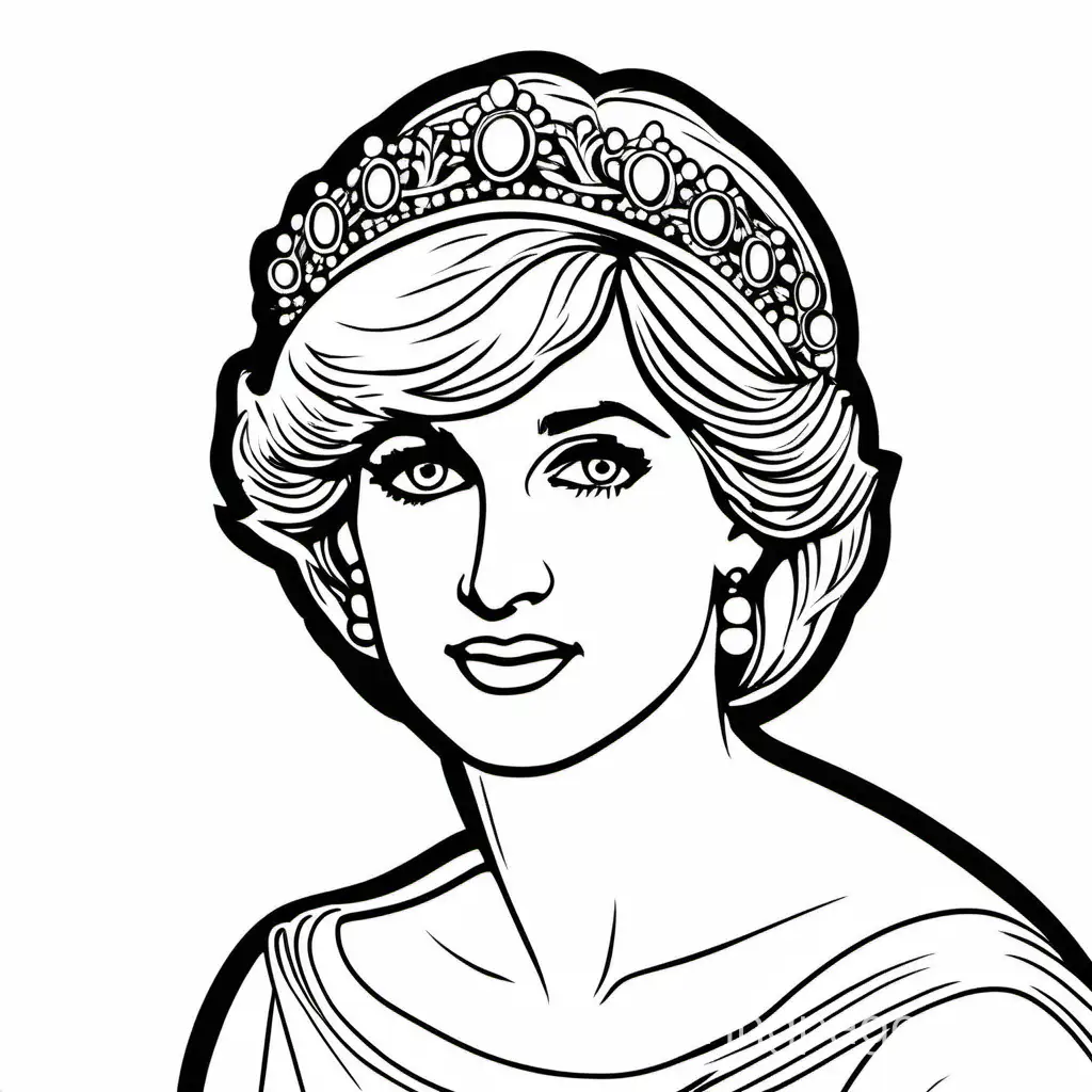 lady diana, Coloring Page, black and white, line art, white background, Simplicity, Ample White Space. The background of the coloring page is plain white to make it easy for young children to color within the lines. The outlines of all the subjects are easy to distinguish, making it simple for kids to color without too much difficulty