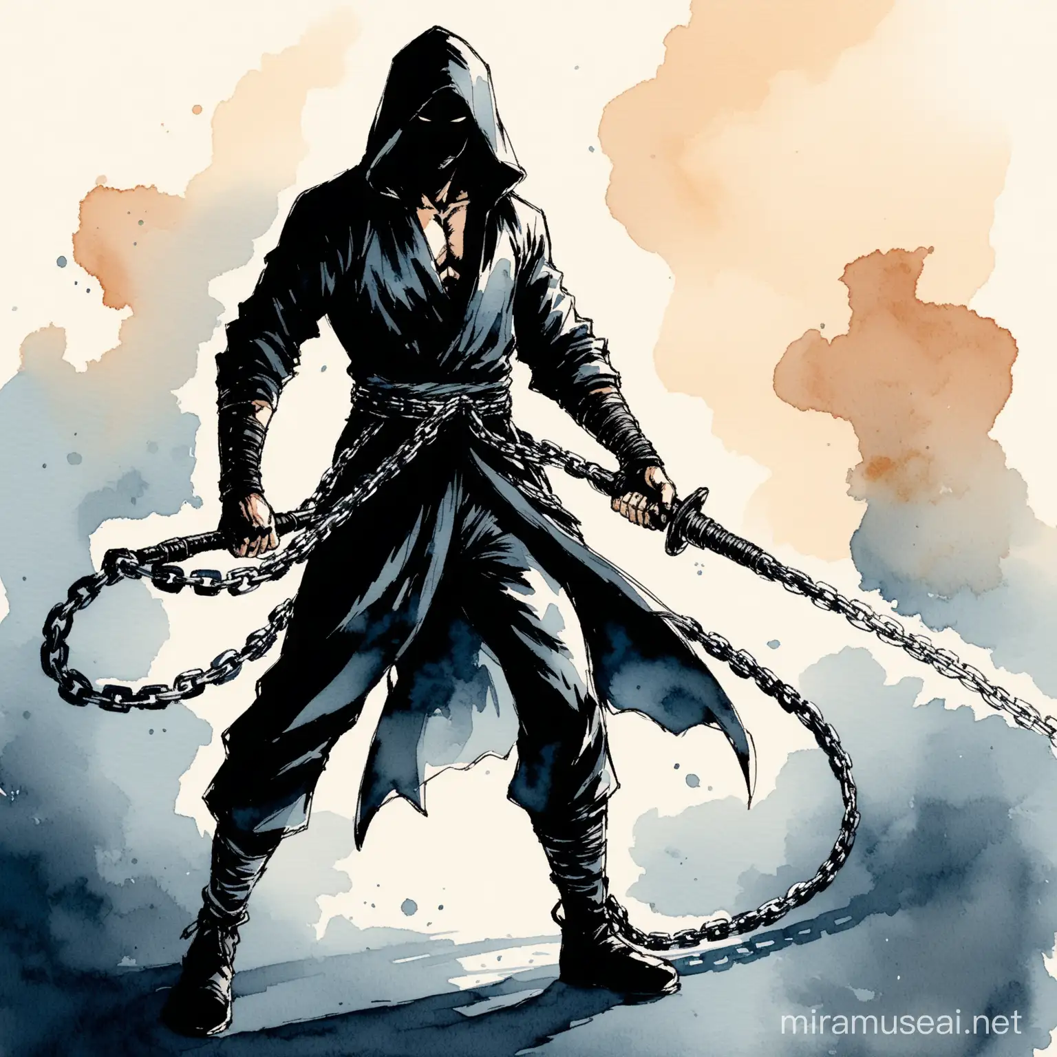 Shadow Warrior Wielding Chain Whip in Dark Watercolor Style