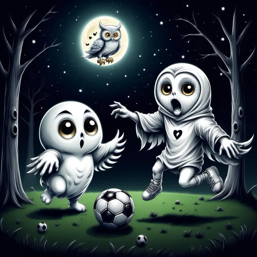 Ghost baby playing football at night with his love owl friend. You have to draw it as a cartoon.