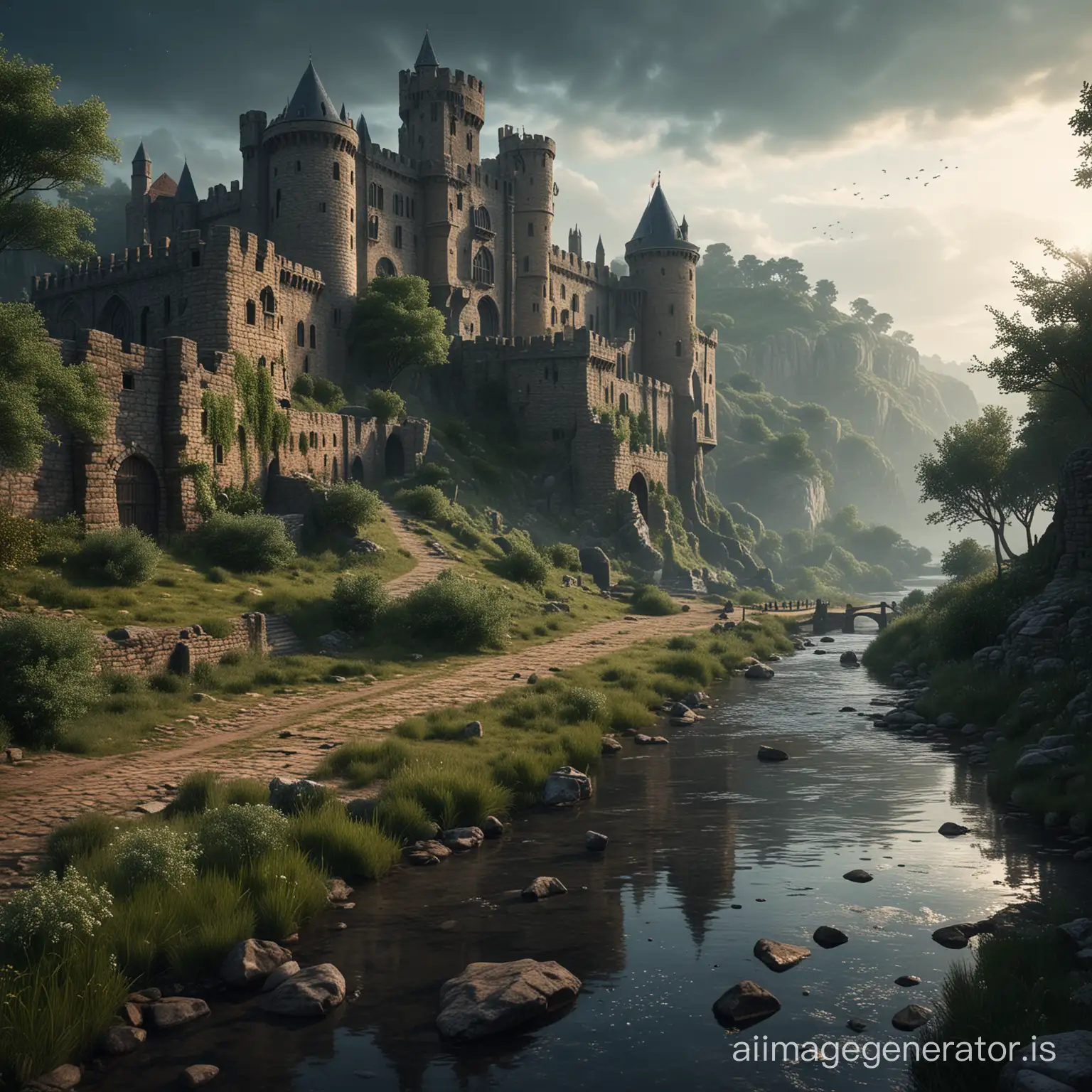 Subject: old mystical King Arthur's Castle of Camelot
Setting: castle in ruins on a hill with very old bricks and tall round towers and doors
Added Details: a small river in the foreground,
 nature with bushes and a forest of trees on the side,
 at night with a dark blue sky,
 some stars, 
 some fog above the river,
 a natural pathway made of stones covered with grass
Tone: Warm, Naturalistic
Theme: Adventure
Style: Realism
Genre: Historical, Gothic
Atmosphere: Medieval
Perspective: Bird’s Eye View
Composition: Central, Layered
Detailing: Elaborate, Realistic, Textured
Lighting: Natural, Warm, buildings illuminated by lights from the inside
Technical Aspects: 3D Rendering, Matte Painting