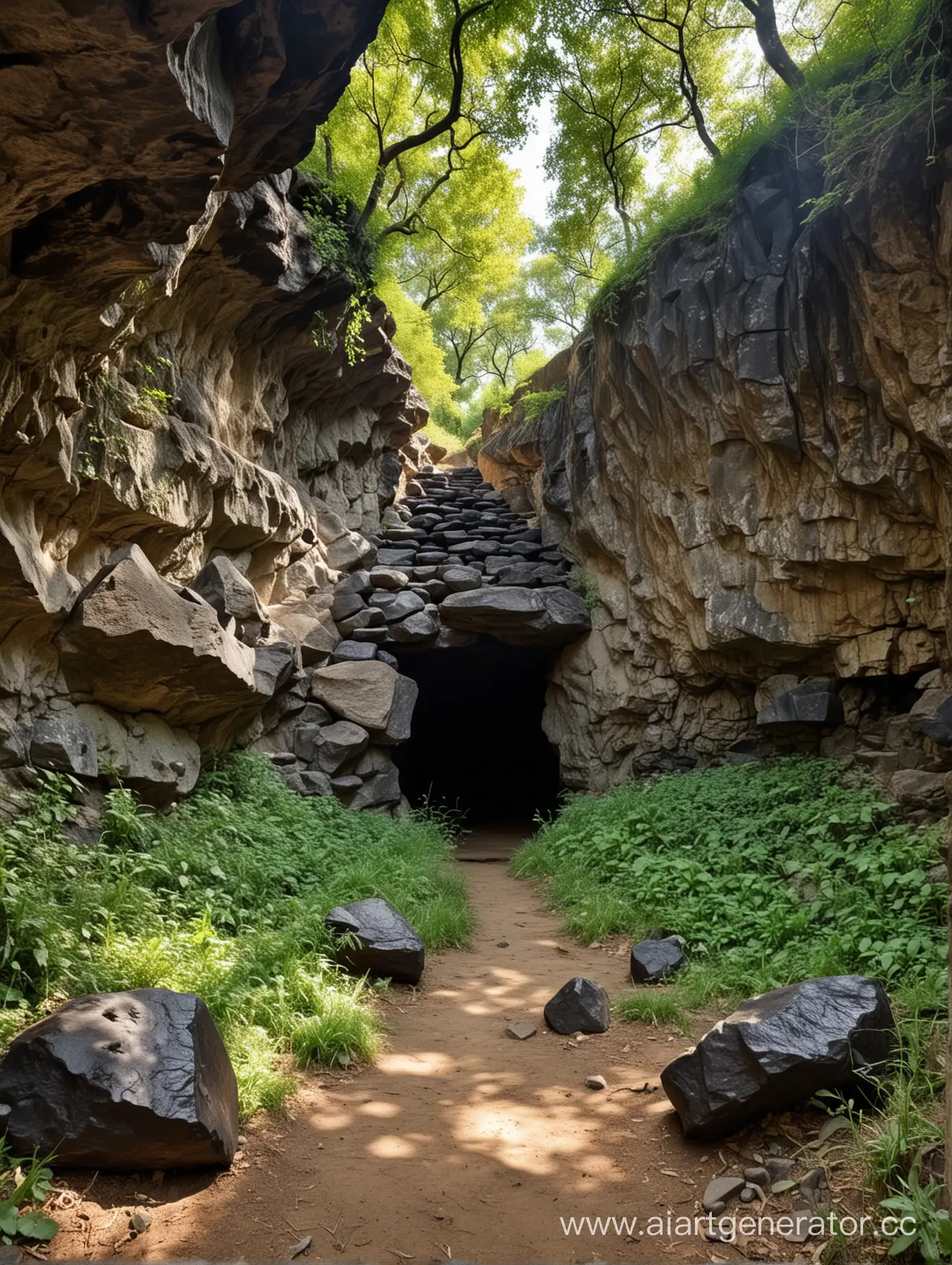 Sunny-Day-at-the-Black-Stone-Cave-Entrance-in-a-Lush-Oak-Forest