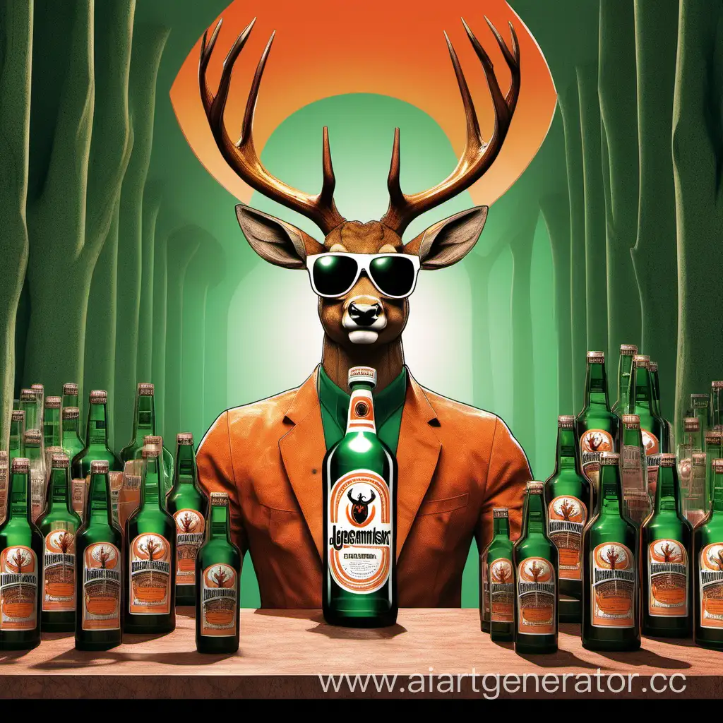 человекоподобный Олень с большими рогами и накаченными мускулами в солнцезащитных очках на глазах стоит за огромной бутылкой Ягермайстера