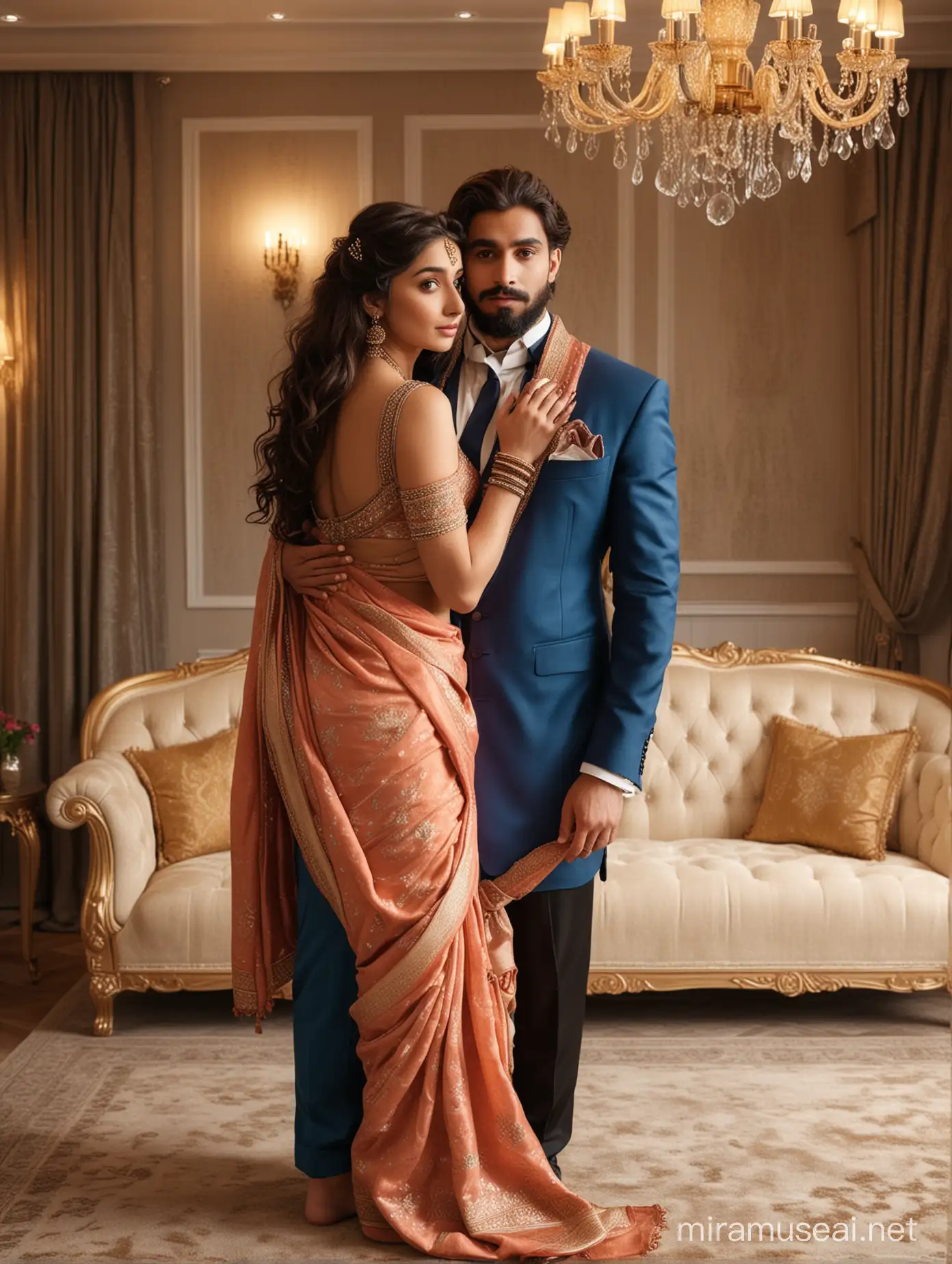 full body view  of most beautiful european couple as most beautiful indian couple, most beautiful girl in elegant bold color saree and long curly hairs, hairs tied  up with hair style stylishly, big wide black  eyes, full face, makeup, TOPLESS,  girl embracing boy  FROM BEHIND with emotion and possessive feeling, pressing face to BACK OF SHOULDER of boy, GIRL CRYING emotionally with longing feeling, innocence and ecstasy,  BOY with stylish beard, perfect hair cut, formals, photo realistic, 4k.
background, spacious modern elite photo room, with luxury sofa set, cream color carpet, elegant interior designs, vintage lamps, romantic reunion ambience, photorealistic, vibrant colors, intricate details, 8k.