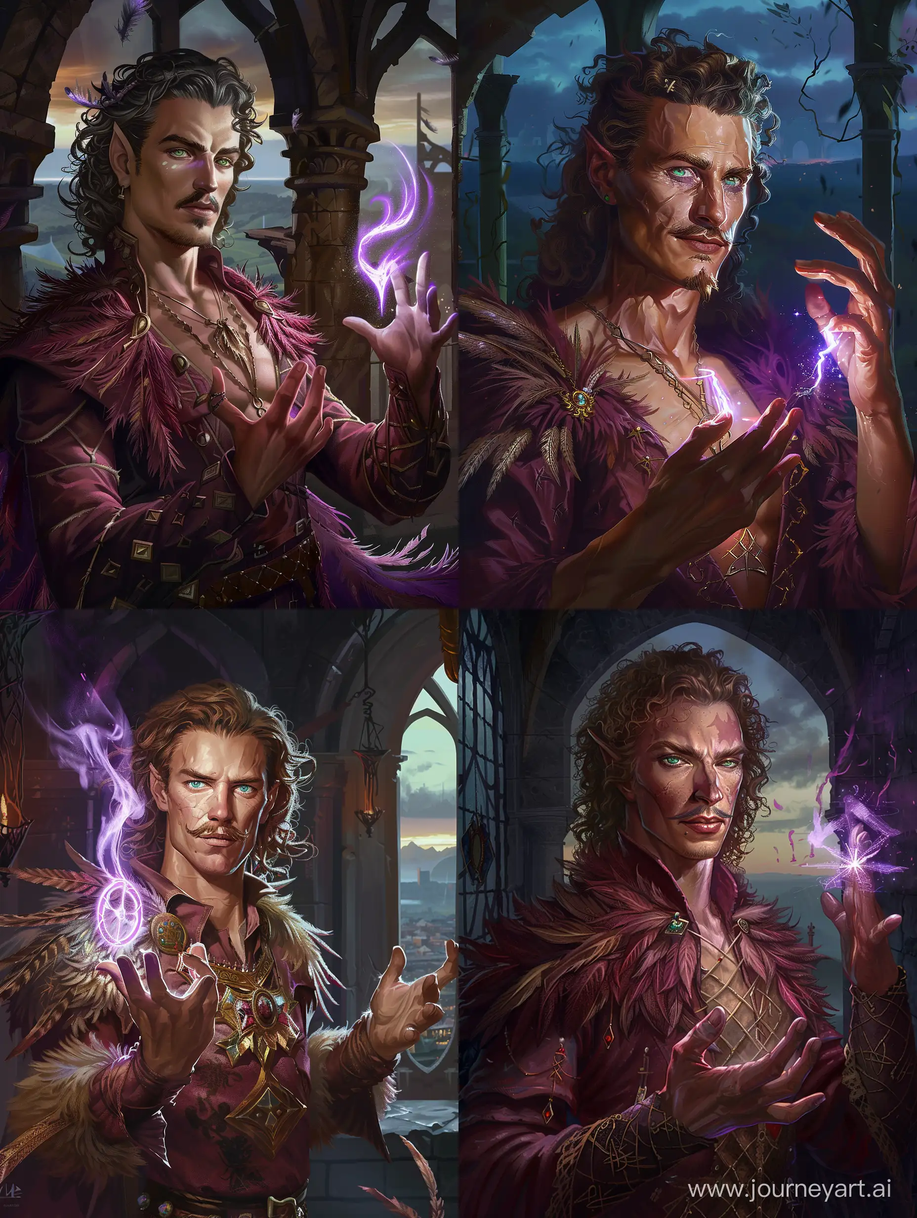 pathfinder character portrait of a human male sorcerer standing in full height full body seen, half of his body overshadowed, casting a magical purple coloured rune in the air with his fingiers which glowing highlights his face, mid fit physique, straight button nose with a bit of wide nasal bridge and upturned little bit wide point, blue-green oval eyes, angled thin lowset eyebrows, short mouth, long loose curly light-brown hair going over shoulders and braided at the head temples, bristly mustache , slavic look, sarcastic expression , wearing feathered tevinter burgundy coloured mage robes mage robes, inside of a wizard tower with view of late night background, pathfinder character portrait art style