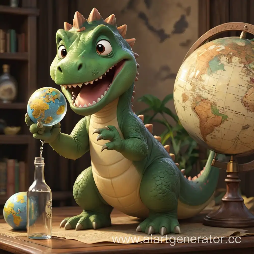 Cartoon-Dinosaur-Examining-a-Globe-with-a-Bottle-in-Its-Claw