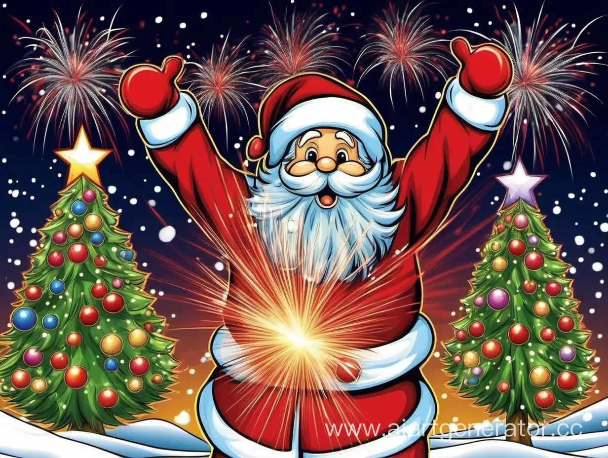 Santa Claus with a red nose Christmas tree fireworks
