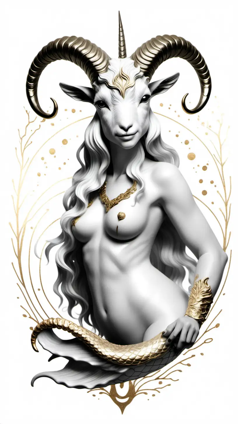 Realistic Goat Mermaid Art Capturing Capricorn Zodiac Beauty in Black White and Gold
