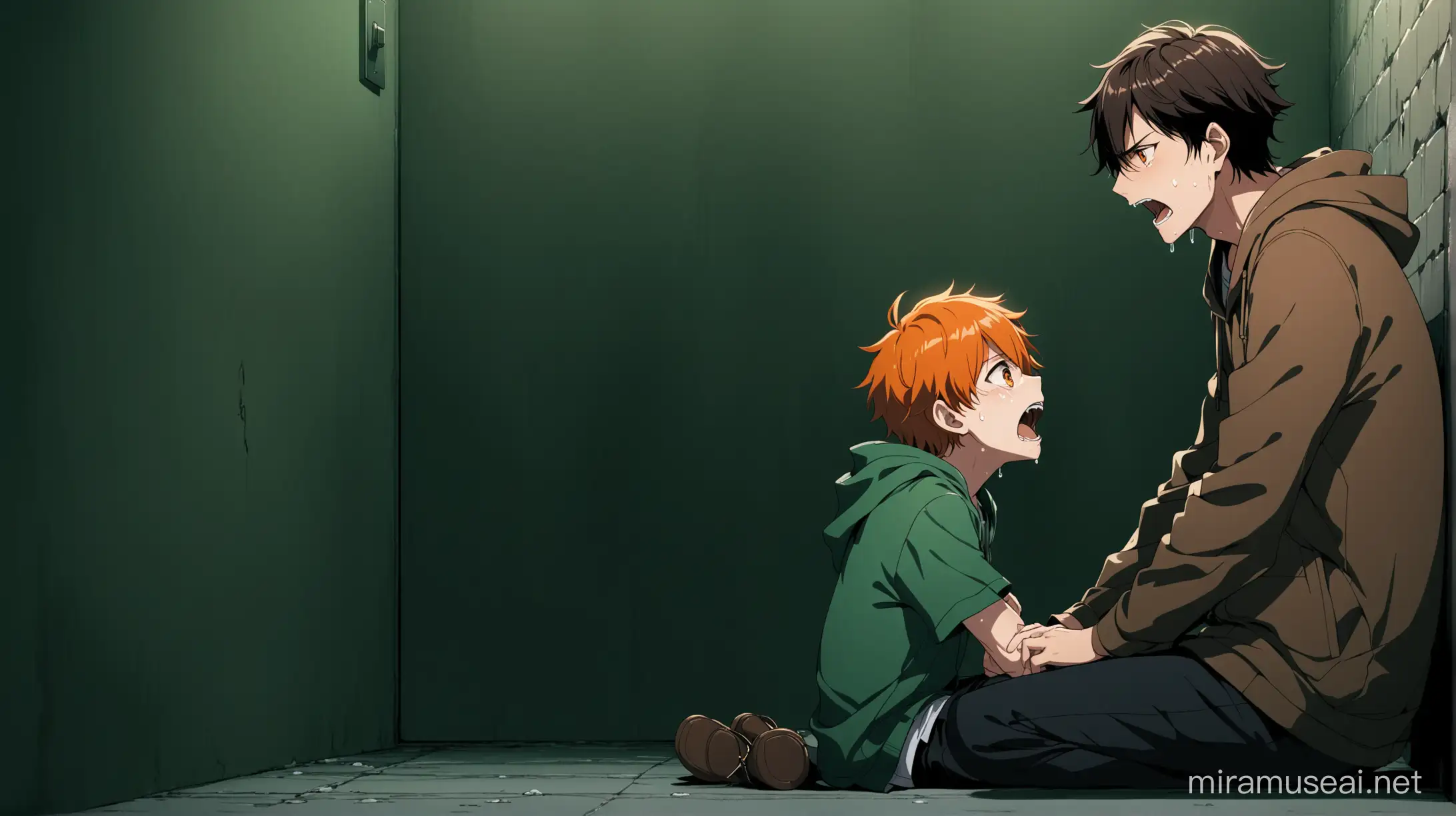 Emotional Anime Scene Teenage Boy Screaming at Unconscious Father in Secret Underground Room