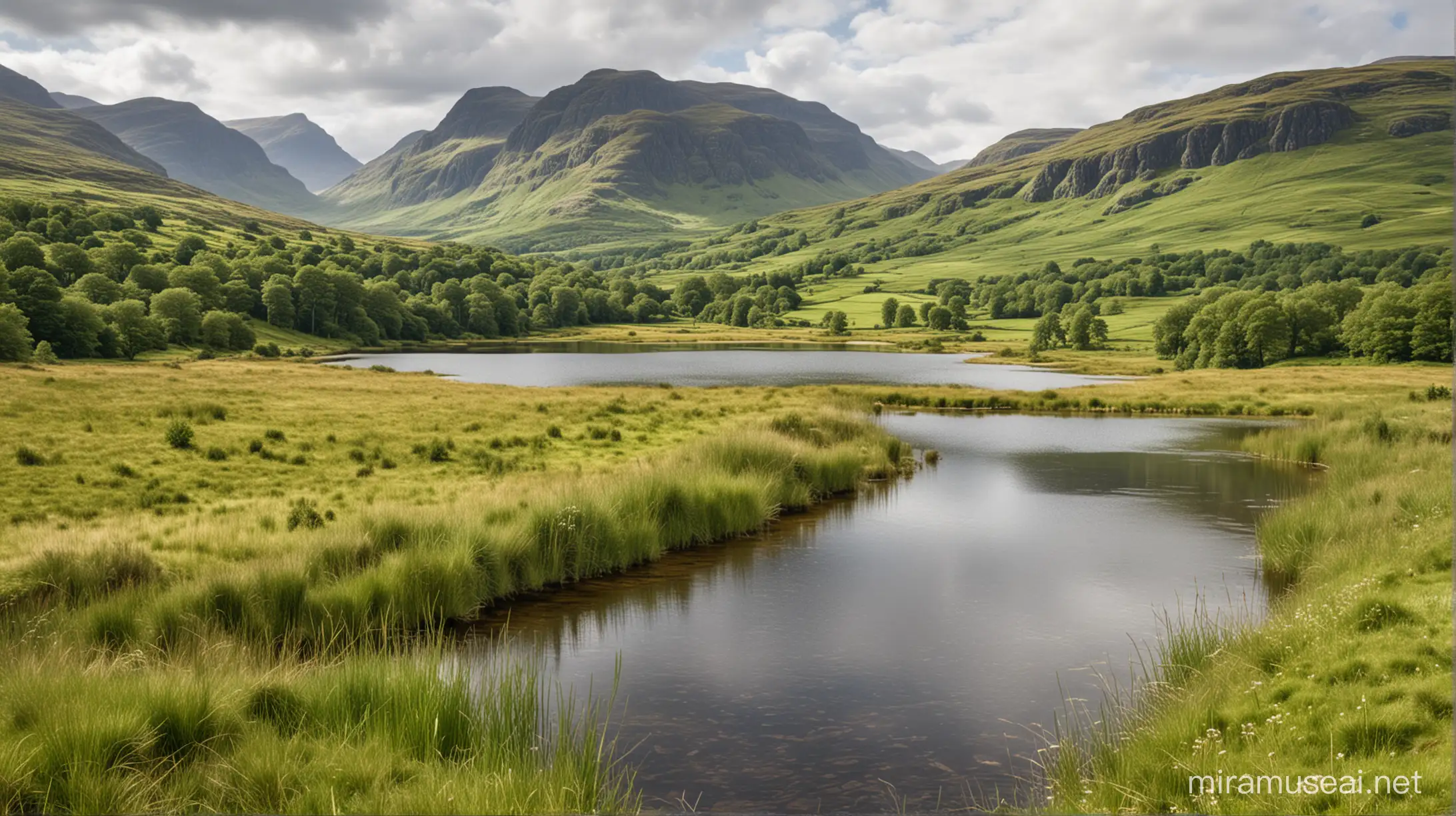 Scenic View of a Scottish Highland with Lake and Green Environment