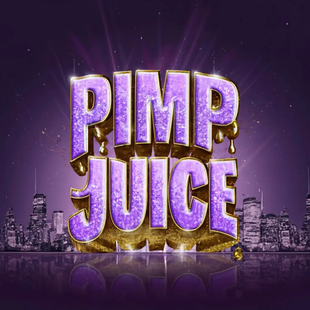 a logo design,with the text "Pimp Juice RP", main symbol:Purple and gold text 3d bold with purple splashes and gold glitter with a greyscale city background,Moderate,be used in Travel industry,clear background