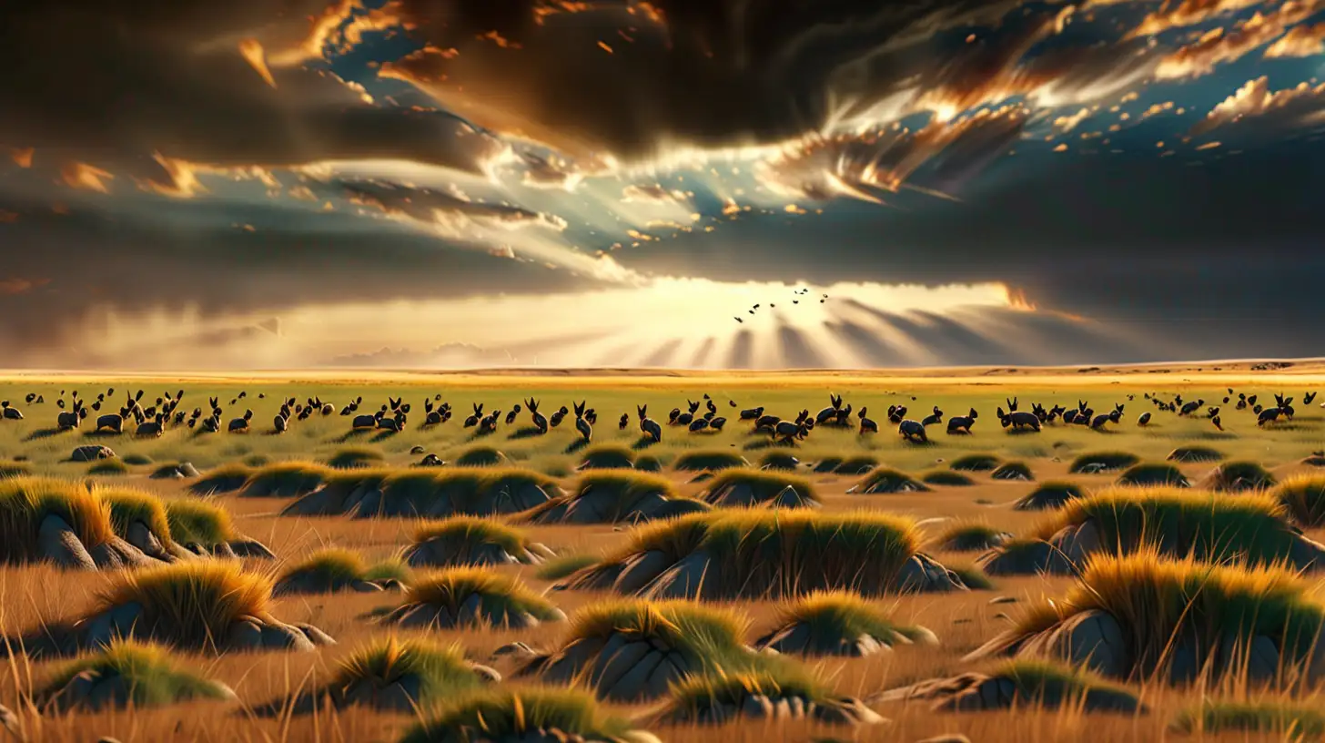 Photographically realistic, high definition, panoramic,  The prairie in the great plains. Hundreds of wild rabbits looking like buffaloes, 
