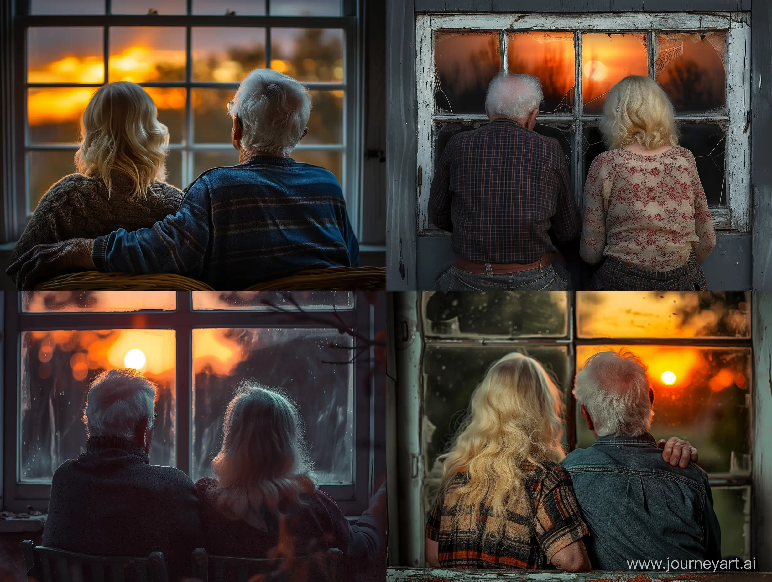 старый Хорхе и блондинка сидят рядом  спиной и смотрят на закат в окно настоящие реализм фотокачество