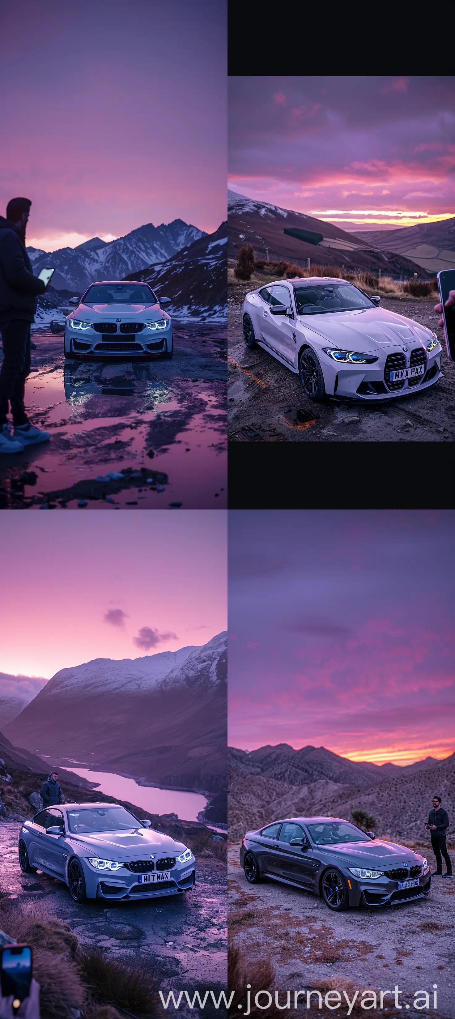 !test BMW M4 parked in a scenic landscape, dramatic long shot, purple twilight sky backdrop, mountains, influenced by Christopher Nolan's IMAX cinematography, detailed car showcase, man holding an iPhone 15 Pro Max with screen visible, wallpaper-worthy, expansive, high fidelity, aspect ratio equivalent to IMAX --s 600 --v 6 --ar 57:128